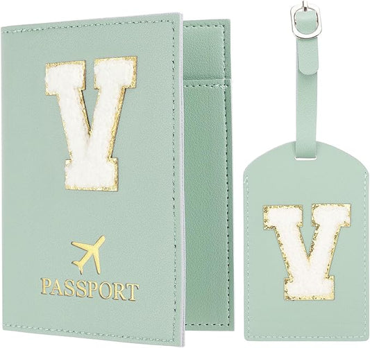 PATIKIL Passport Holder for Travel, Initial Passport Cover and Luggage Tag Set with Alphabet Chenille Letter Patch Travel Wallet Bag Suitcase Identifier for Women Family Travel Green V