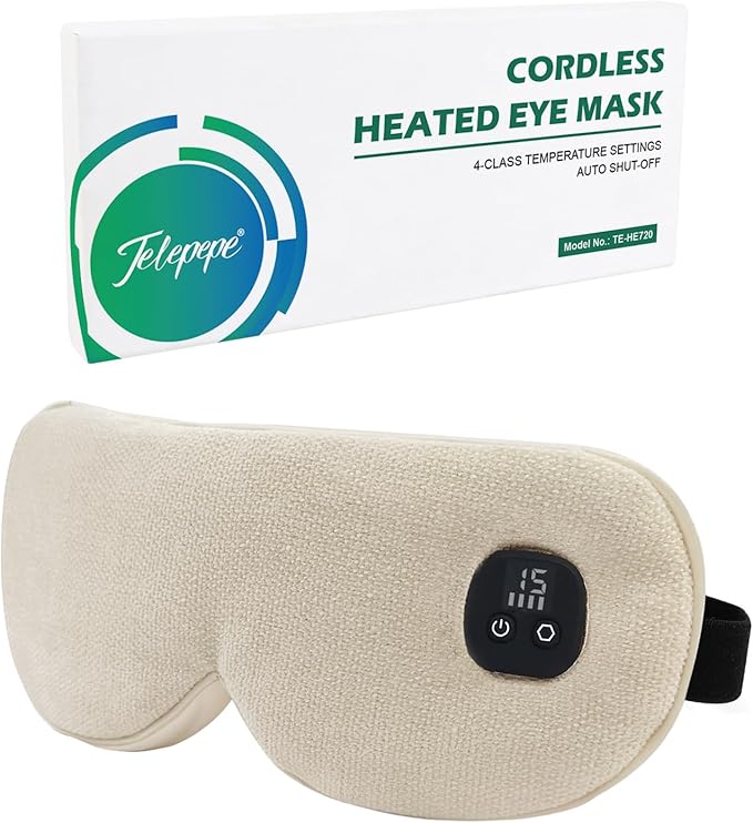 Heated Eye Mask for Dry Eyes, Cordless Warm Eye Compress with 4 Heat Levels, 4-Level Timing, 1000mAh Rechargeable, Blepharitis, Styes, Washable Cover, Travel, Gifts for Family(Beige)
