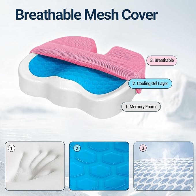 Season Guard Tailbone Pain Relief Office Chair Seat Cushion, Memory Foam Gel Seat Cushion for Sciatica Pain Relief with Washable Cover, Butt Cushion for Long Sitting, Mesh, Pink