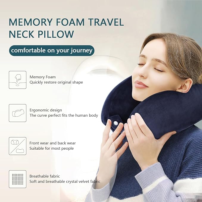 Travel Neck Pillow U Shaped Airplane Pillow Removable Washable Memory Foam Neck Pillows Suitable for Airplanes Traveling Trains Bus Offices Dark Blue