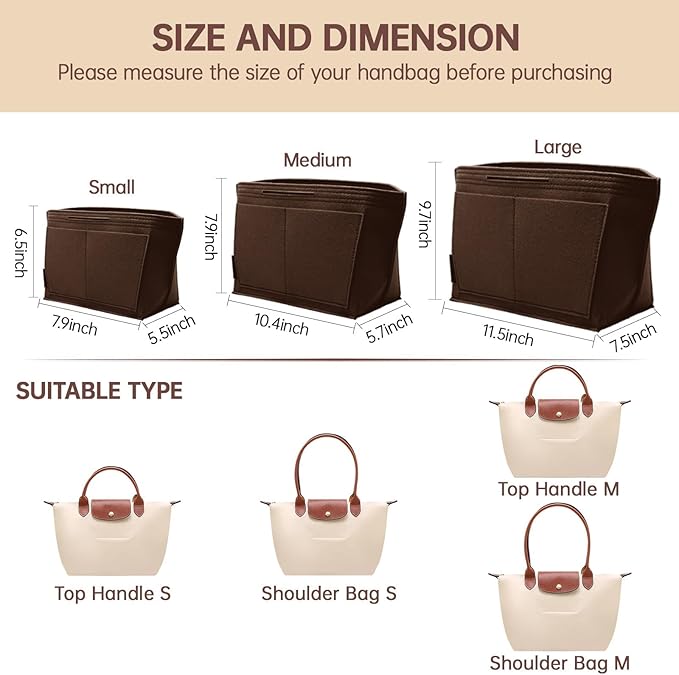 OPPOSHE Purse Organizer Insert for Longchamp Le Pliage, Premium Felt Long Champ Bag Handbag Women, Tote Organizer Insert with 6 Compartments (Small, Dark Brown)