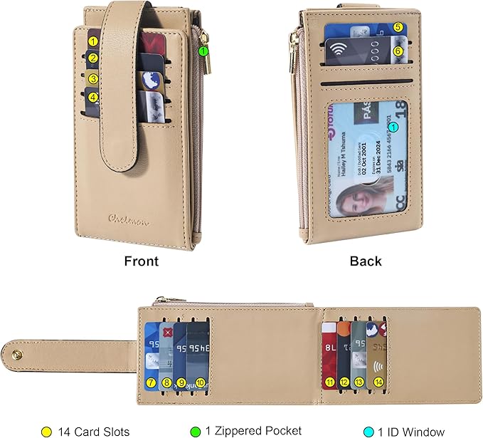 Chelmon Womens Wallet Slim RFID Blocking Bifold Multi Card Case Wallet with Zipper Pocket (Khaki)
