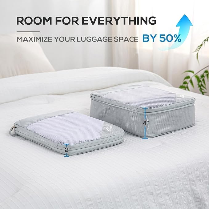 Compression Packing Cubes, 5 Set Packing Cubes for Travel Compression, Lightweight Compressible Package Organizer for Carry On and Suitcases, Light Grey