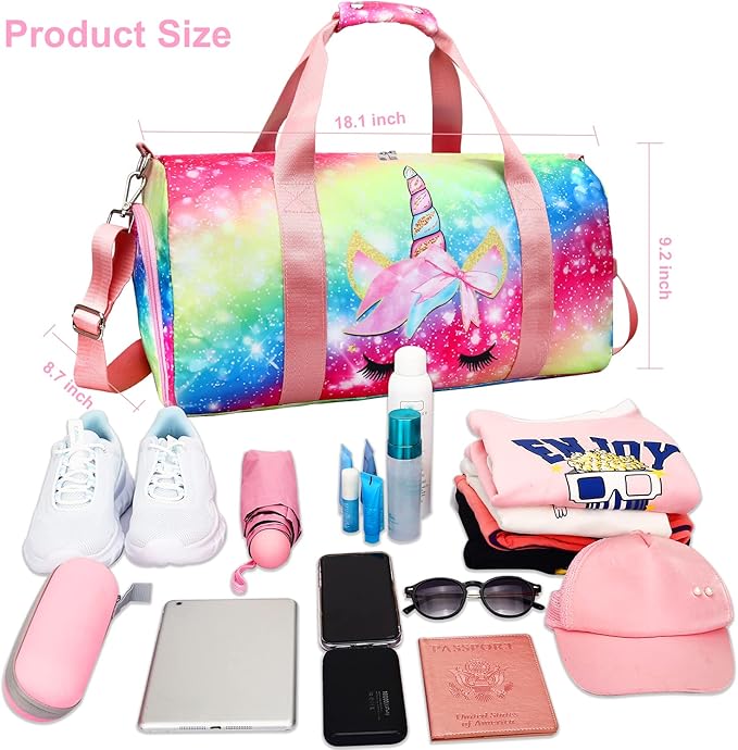 Gym Travel Duffle Bag for Girls - Gymnastics Sports Dance Bag with Shoe Compartment & Wet Pocket Unicorn Kids Travel Bag Teens Weekender Sleepover Carry