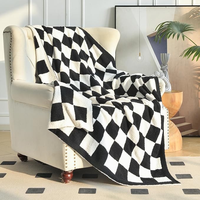 Checkered Blanket, Cozy Soft Throw Blankets for Couch Bed, Fluffy Plaid Lightweight Comfy Travel Picnic Blanket Gifts for Sofa Chair Living Room Camping (Black, Twin 60"x80")