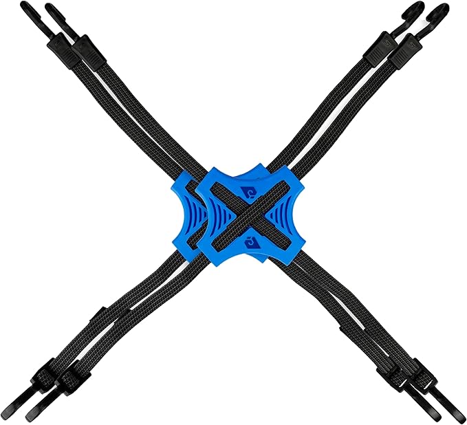 Tack Strap – 4-Way Flat Bungee Cord with Rubber Pad Grip, Non-Slip Tie Down Straps for Motorcycle, ATV, Kayak, Cycling, Camping, Truck Storage, Adjustable Bungee Cords - 2 Pack (Blue)