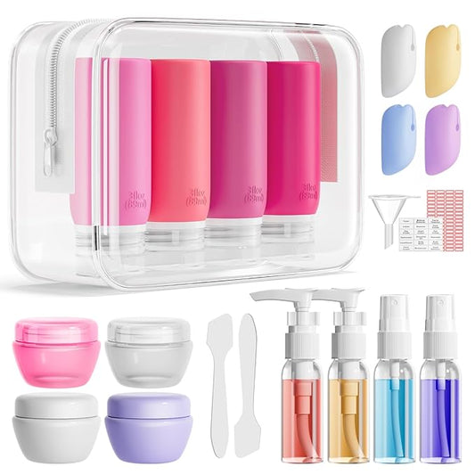 Muslish 21 Pack Travel Bottles for Toiletries, Leak-Proof TSA Compliant Silicone Travel Size Containers for Shampoo and Conditioner, BPA Free with Toiletry Bag (Pink)