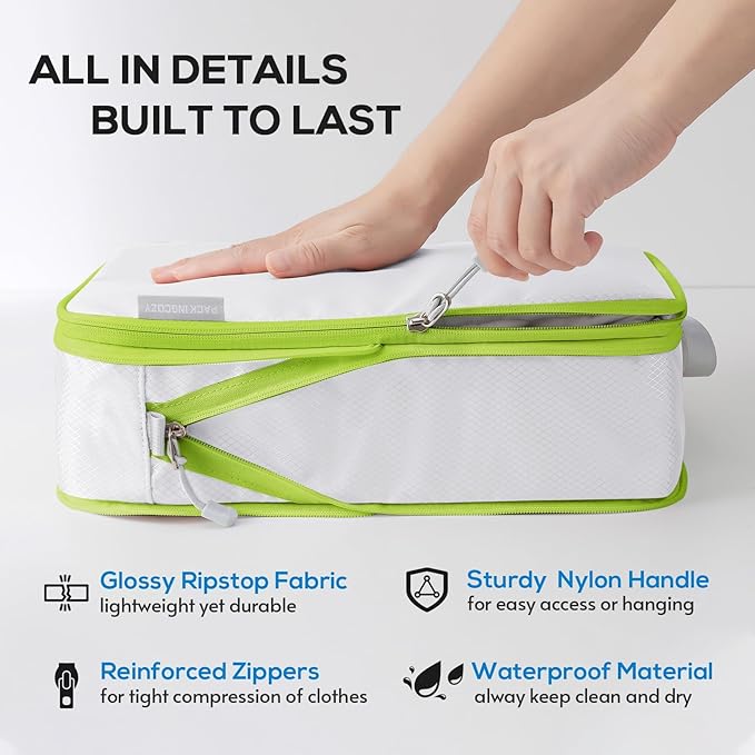 Compression Packing Cubes, 6 Set Packing Cubes for Travel Compression, Lightweight Compressible Package Organizer for Carry On and Suitcases, White and Green