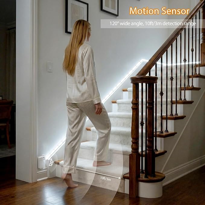 OMIKA COB Motion Sensor LED Strip Light, 6.56ft 640LEDs Closet Lights, Rechargeable Battery Operated Stair Strip Lights for Bed, Pantry, Shelves, Cabinet, Locker, 6000K Cool White, 2 Pack
