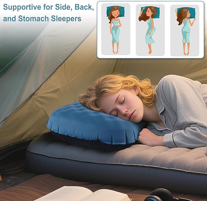 Camping Pillow with Ice Silk Memory Foam Cover - Ultralight Inflatable Pillow for Camping Lightweight, Ergonomic and Washable for Camping, Hiking, and Travel Blue
