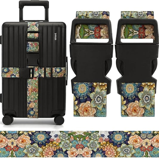 2 Pack Luggage Straps for Suitcases, Adjustable Travel Belt with Double Lock, Bright Colors Travel Packing Straps with Quick Release Buckle Unique Nylon for Sleeping Bag Car Seat (Flower Mix)