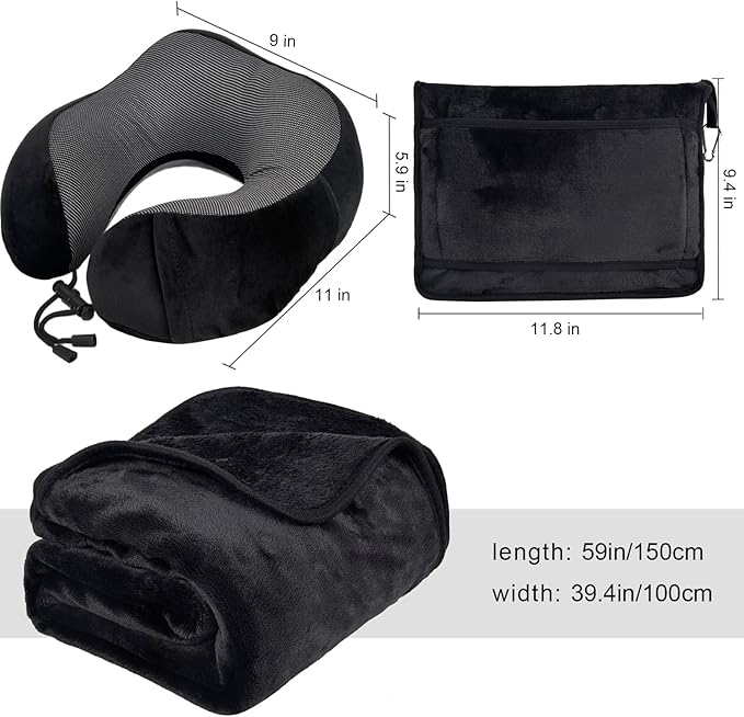 Travel Blanket and Pillow Set - Travel Neck Pillow & Blanket for Airplane, Thick Fleece Blankets Campact with Bag, Memory Foam Neck Pillows, Sleep Mask, Earplugs for Plane Traveling Essentials, Black