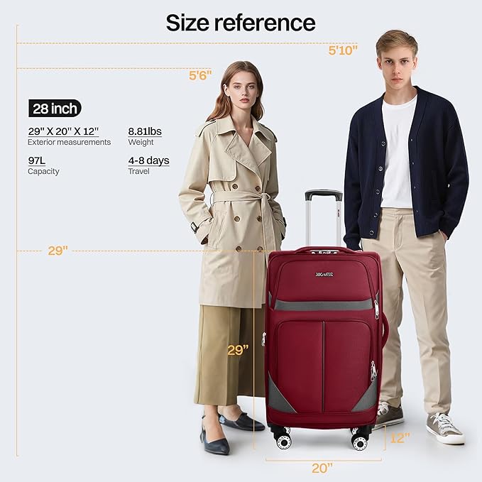 28" Large Softside Expandable 15% Checked Luggage with Double Spinner Wheels LOCK,Lightweight Travel Suitcase for Men/Women（Burgundy-Grey,28in）