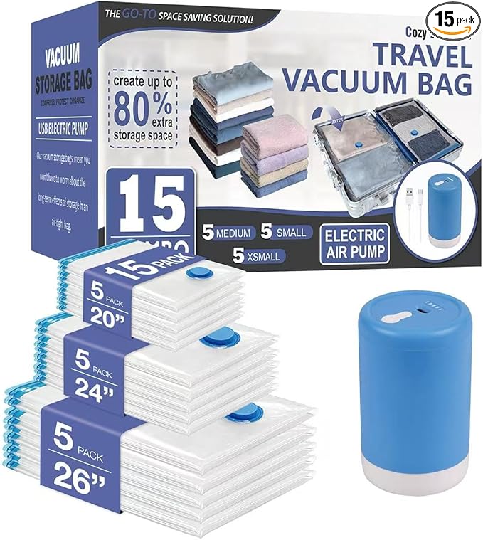 Cozy Essential Travel Vacuum Storage Bags with Rechargeable Cordless Electric Pump, Space Saver Bags for Luggage, Suitcase, Carry-On, for Clothes, Blankets, Comforters, Pillows, 15 Combo