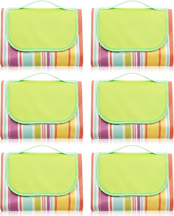 Shellwei 6 Pcs Beach Blankets Waterproof Sandproof Extra Large 80 x 60 Inch Outdoor Picnic Blankets Foldable Portable Beach Mat Tote Travel Supplies for Camping Park Grass(Rainbow Stripes)