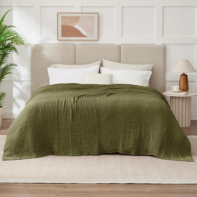 100% Cotton Muslin Blanket King 108" x 90", Breathable and Lightweight Cotton Throw Blanket for Bed, Soft Cooling Summer Gauze Blanket for Adults All Season, Olive Green