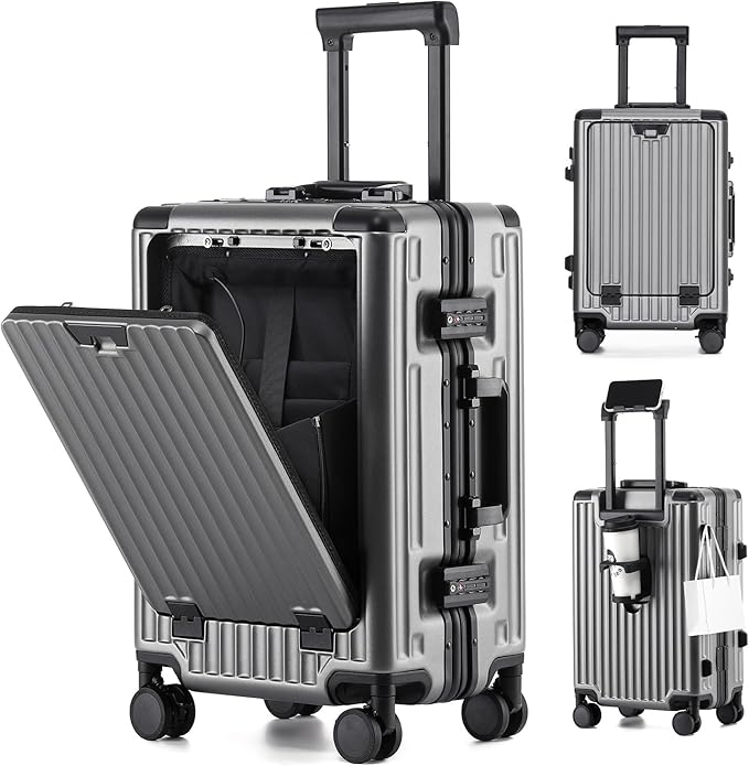 20 Inch Aluminium Frame Carry On Luggage Airline Approved With laptop compartment, Zipperless Hard Shell Travel Suitcase with TSA Approved Cup Holder USB Port Holder for Women Men,Grey