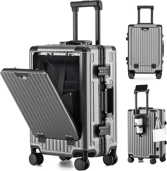 20 Inch Aluminium Frame Carry On Luggage Airline Approved With laptop compartment, Zipperless Hard Shell Travel Suitcase with TSA Approved Cup Holder USB Port Holder for Women Men,Grey
