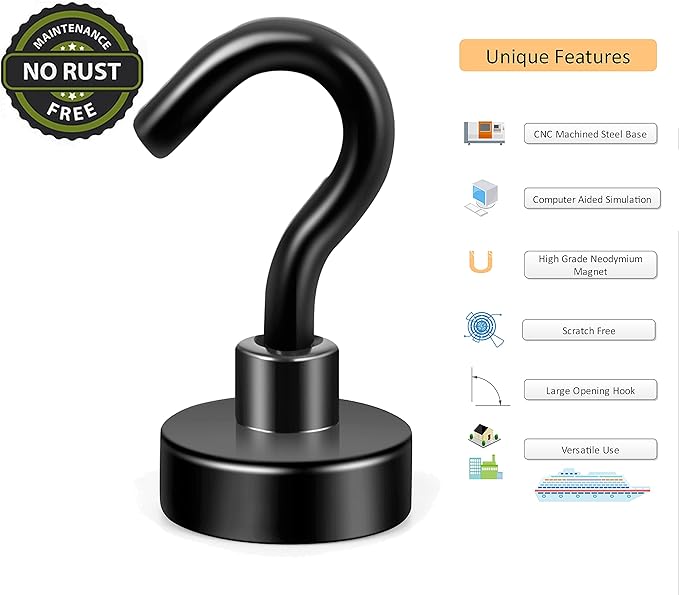 Neosmuk Black Magnetic Hooks, 30lb+ Heavy Duty Earth Magnets with Hook for Refrigerator, Extra Strong Cruise Hook for Hanging, Magnetic Hanger for Curtain, Grill (Black, Pack of 6)