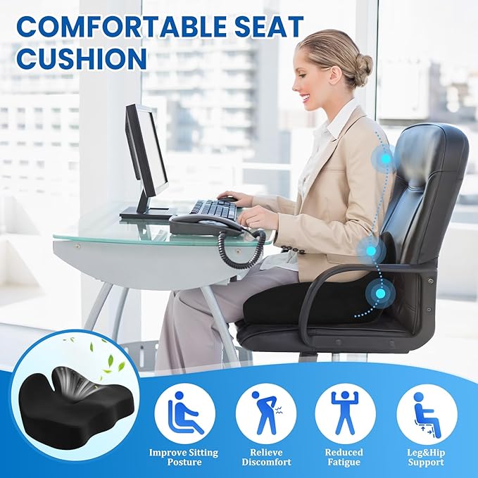 Seat Cushion, Ergonomic Memory Foam Seat Cushions for Office Chairs, Car, Long Trip, Desk Chair, Lab, Extra Large Size for Sciatica & Hip & Tailbone Pain Relief, Sciatica Support (Black)