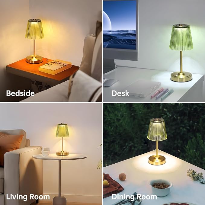 Shenmoyl Set of 2 Cordless Touch Table Lamp with 5200mAh Battery - 3 Adjustable Color Temperatures & Dimmable, Rechargeable Lamp for Bedsides, Living Room, Entryway, Bookshelves (Green Stripe)