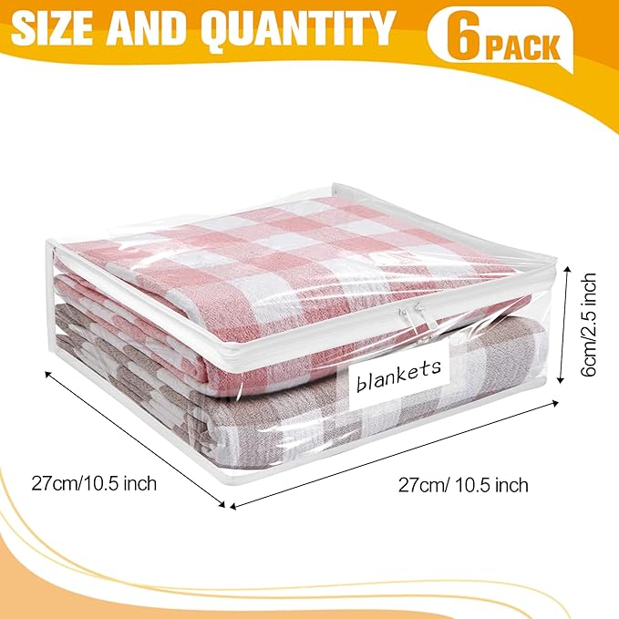 Kikerike Plastic Storage Bags with Easy-Glide Zipper, Pack of 6, Durable Clear Vinyl Zippered Storage Bags for Clothes Sweaters Comforters Blankets Sheets Bedding (10.5 x 10.5 x 2.5 Inch)