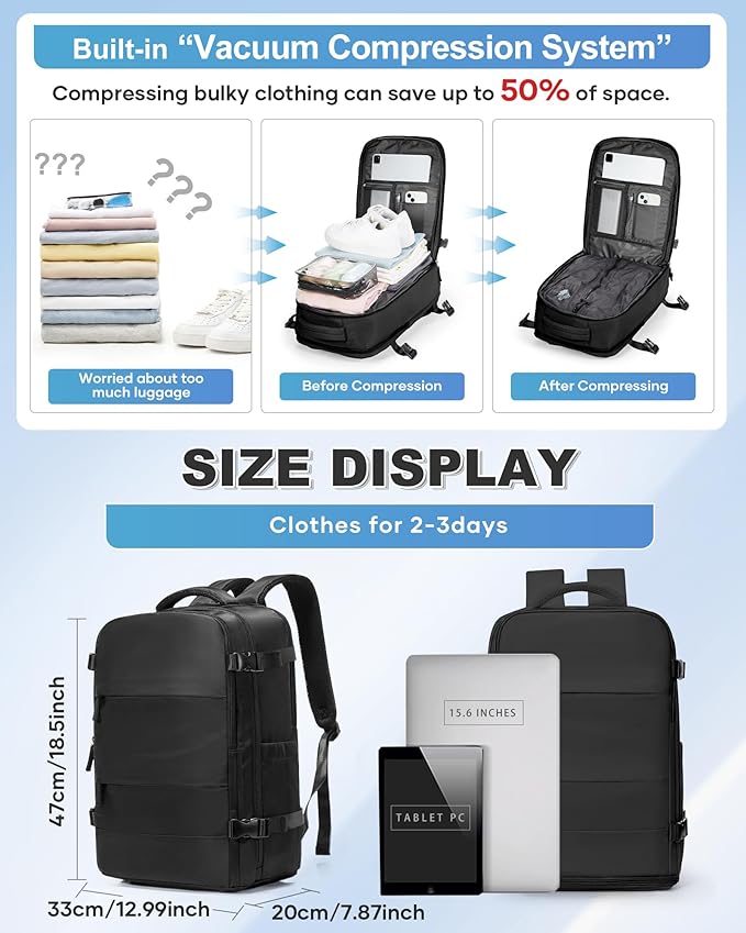VGCUB Vacuum Backpack Travel with Electric Pump Vacpack System Storage Compression Carry on Laptop Work Business Waterproof College Bags Casual Daypack Backpacks for Women Men Black