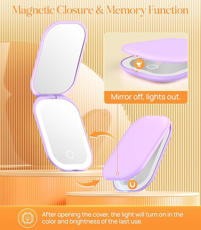 Gospire Lighted Compact Mirror with Light and Magnification 1X/3X, Stepless Dimming and Three-Color Adjustable Lights, Rechargeable Battery and Compact Size for Purse and Travel -Purple