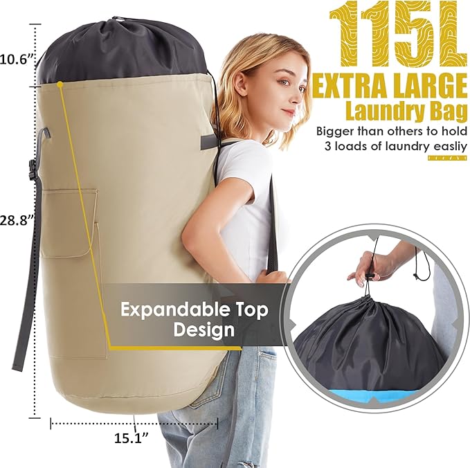Backpack Laundry Bag, 115L Heavy Duty Extra Large College Laundry Backpack, Dirty Clothes Bag with Shoulder Straps, Laundry Hamper Bag with Drawstring Closure for College Dorm, Apartment Khaki