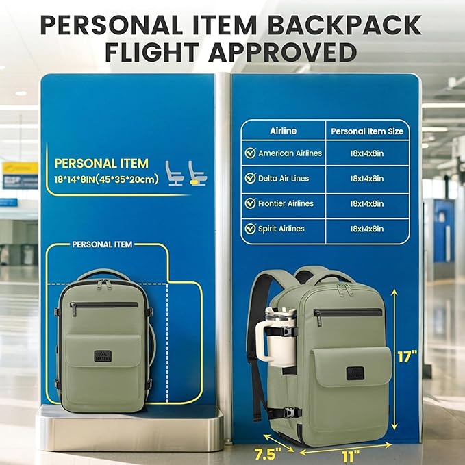 MATEIN Personal Item Backpack 18x14x8 with Shoe Compartment, TSA Approved Underseat Bag for Frontier Airline with Water Bottle Holder Lightweight Travel Backpack for Women Men Fit 15.6" Laptops, Green