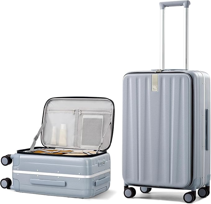 Hanke 24 Inch Checked Luggage Front Opening Rolling Suitcase Hard Sided Luggage with Spinner Wheels for Travel Woman Men.(Grey)