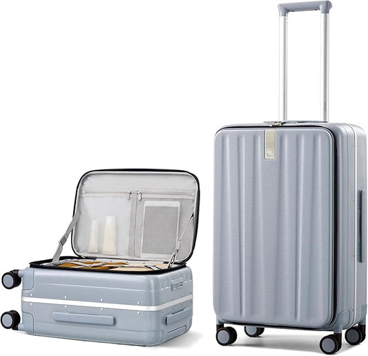 Hanke 24 Inch Checked Luggage Front Opening Rolling Suitcase Hard Sided Luggage with Spinner Wheels for Travel Woman Men.(Grey)
