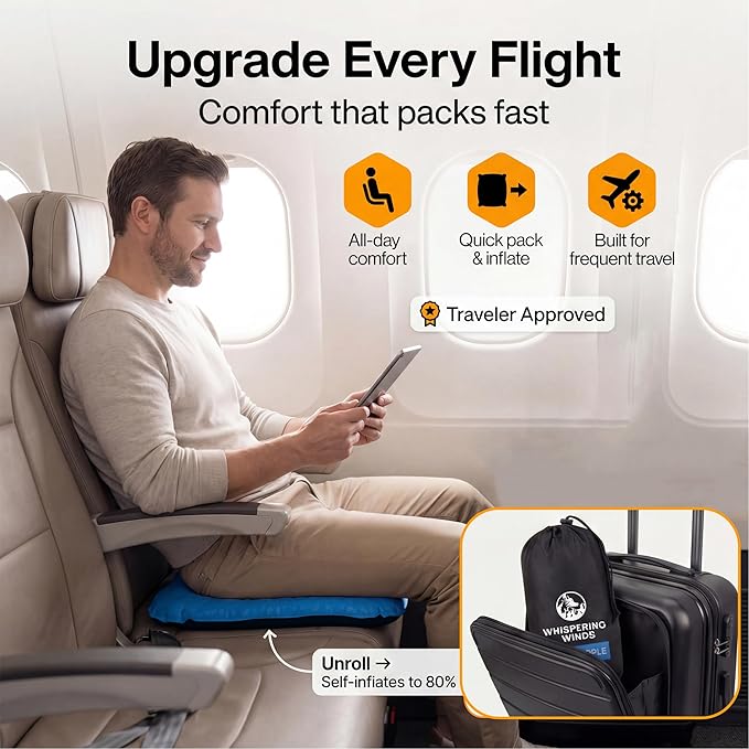 Whispering Winds Inflatable Seat Cushion - Comfortable Blow-up Foam Pad for Airplane, Travel, Stadium, Outdoors, Camping, Car & More