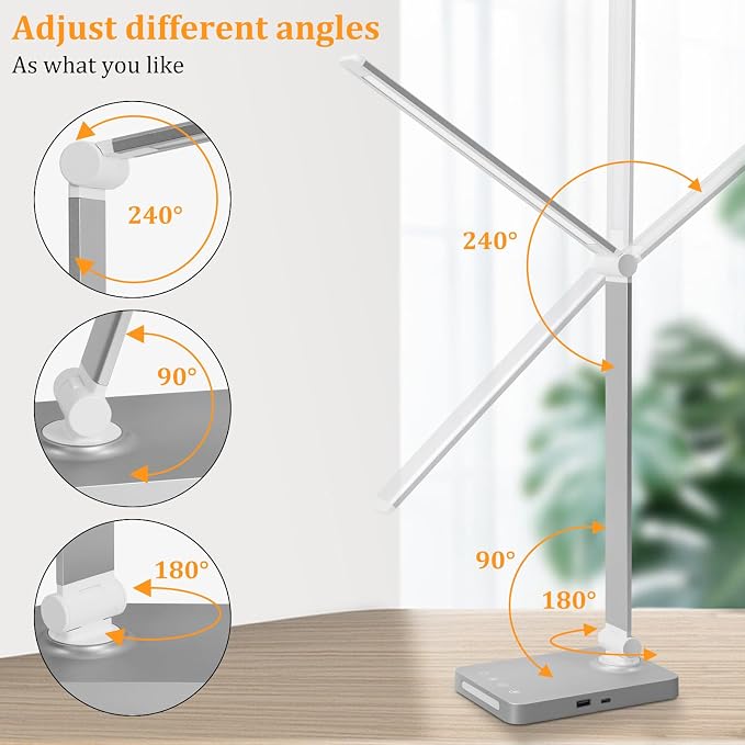 Dott Arts LED Desk Lamp with USB Ports,Touch Desk Lamps for Home Office with 5 Color Modes,3 Brightness Desk Light with Small Night Light,Reading Lamp Table LED Lamp for Bedroom Bedsid Study Sliver | 3 Brightness Desk Light with Small Night Light,Readi...