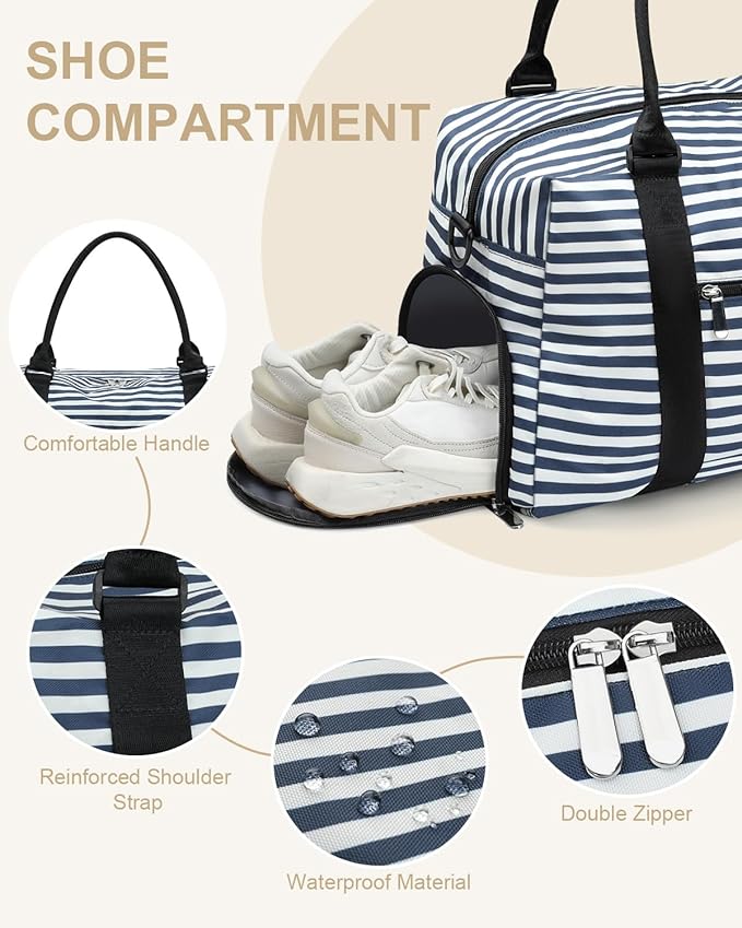 Travel Duffle Bag for Women Large Weekender Overnight Bags Gym Bag with Shoe Compartment Waterproof Hospital Bag Carry On Tote Bag for Airplanes,Blue Stripe
