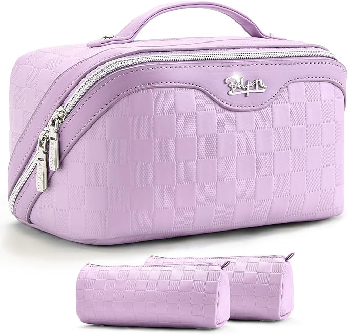 BOYATU Travel Makeup Bag Organizer: 3 Pcs Set Large Capacity Cosmetic Bags Holds 10–20 100ml Full-Size Bottles - 180°Open-Flat Make up Case 3-sec touch-up - Toiletry Bag Gift women (01-F-Purple)