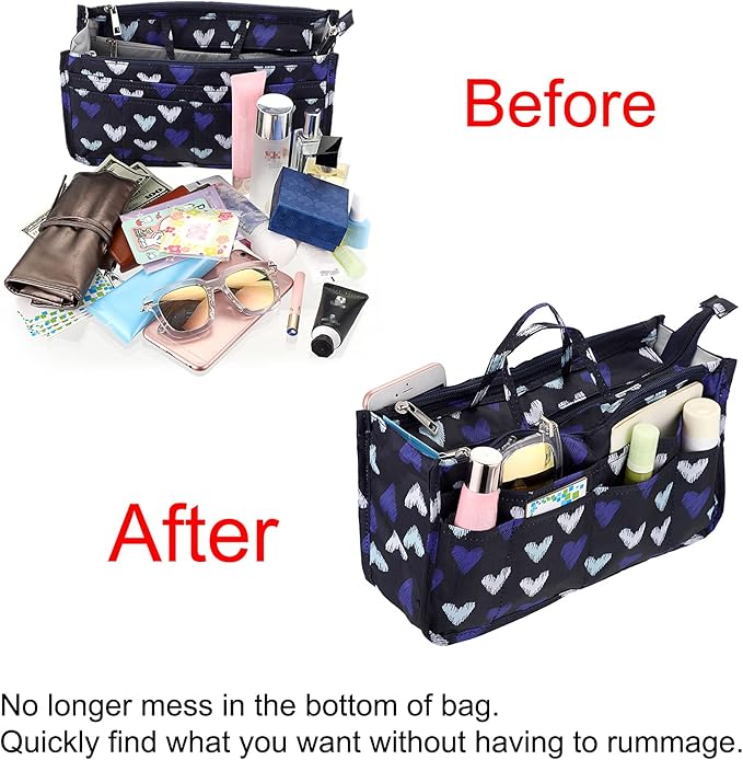 BTSKY Printing Handbag Organizers Inside Purse Insert - High Capacity 13 Pockets Bag Tote Organizer with Handle (Blue Heart)