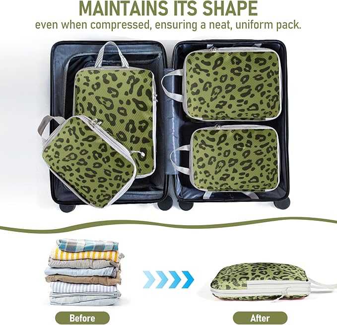 4 Set Compression Packing Cubes For Travel Bags Organizer For Luggage Suitcase Organizer, Compression Bags For Travel Accessories Luggage Storage Set (4 Pcs, Green Leopard)