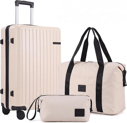 Hoteel Luggage Sets 3 Piece, 4-Yr Warranty, PC+ABS Suitcases with Wheels and Side Hook, Hardshell 20 inch Luggage with Duffel Bag Travel Bag, Beige(20/DB/TB)
