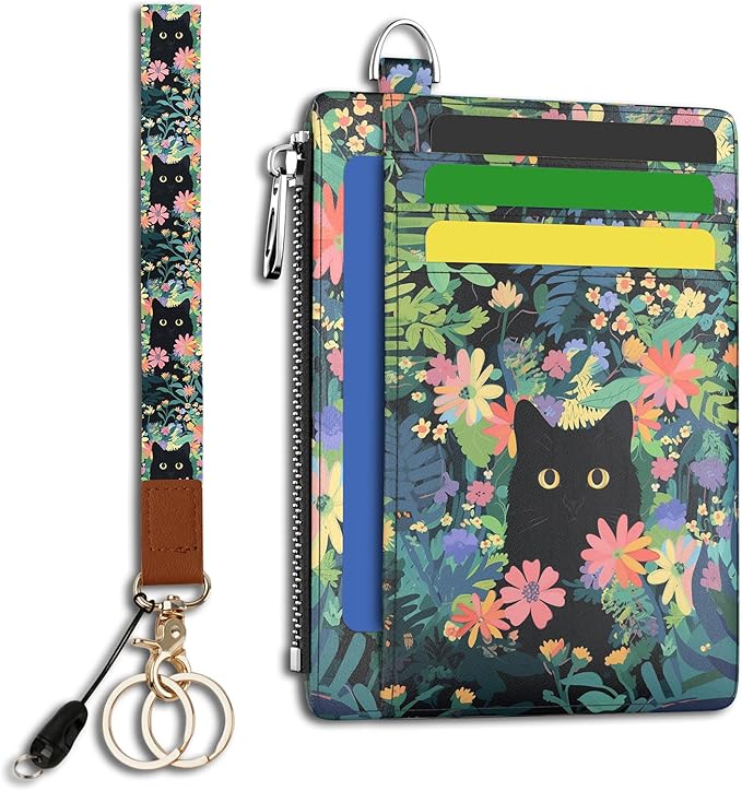 Hancynir Flower Black Cat Floral Slim Wallet Women Credit Card Holder Small Cute RFID Blocking Front Pocket Wallet Wristlet Keychain Lanyard Card Case Thin Travel Zipper Coin PU Leather Ladies Gifts