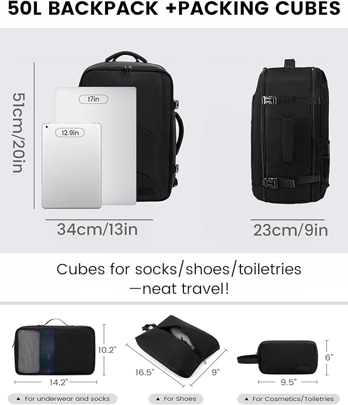 LOVEVOOK Carry on Travel Backpack, Large 40L for Men & Women Flight Approved with USB Charging Port&3 Packing Cubes, Large Suitcase Water Resistant Luggage Daypack Busi, Beige-Black