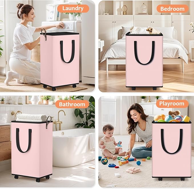 Laundry Basket with Wheels, Collapsible Laundry Baskets, Laundry Hamper with Handles Detachable Wheels, Rolling Laundry Basket, Dirty Clothes Hamper for Bathroom, Dorm, Bedroom, Pink, 100L