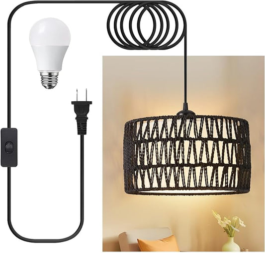 Plug in Pendant Light, Rattan Hanging Lights with Plug in Cord | Woven & Fabric 2 in 1 LampShade, Hanging Lamp Plug in for Bedroom Living Room Kitchen Island-Black (Bulb Included)