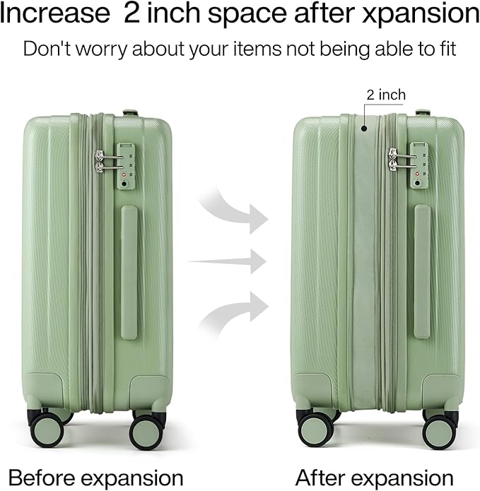 Hanke 24 Inch Expandable Checked Luggage Lightweight PC Hard Shell Luggage Suitcases with Wheels Travel Luggage Rolling Large Suitcase Travel Luggage Bag for Go to University.(Bamboo Green)