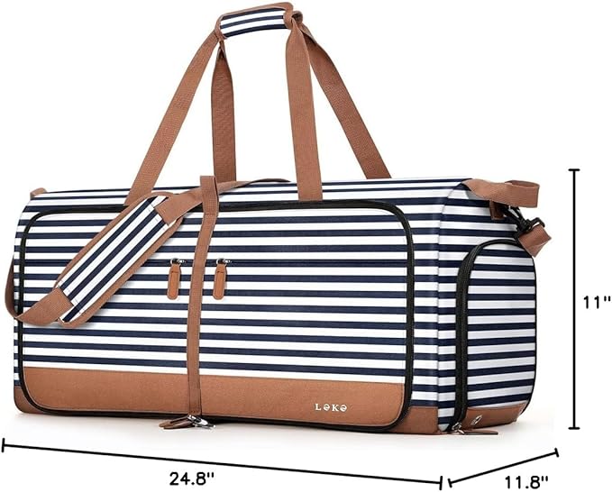 Lekesky Foldable Travel Duffle Bag for Women, 60L Large Duffel Bag with Separate Shoes Compartments & Straps, Carry On Weekend Bag for Women, Hospital, Overnight (Blue Stripes)