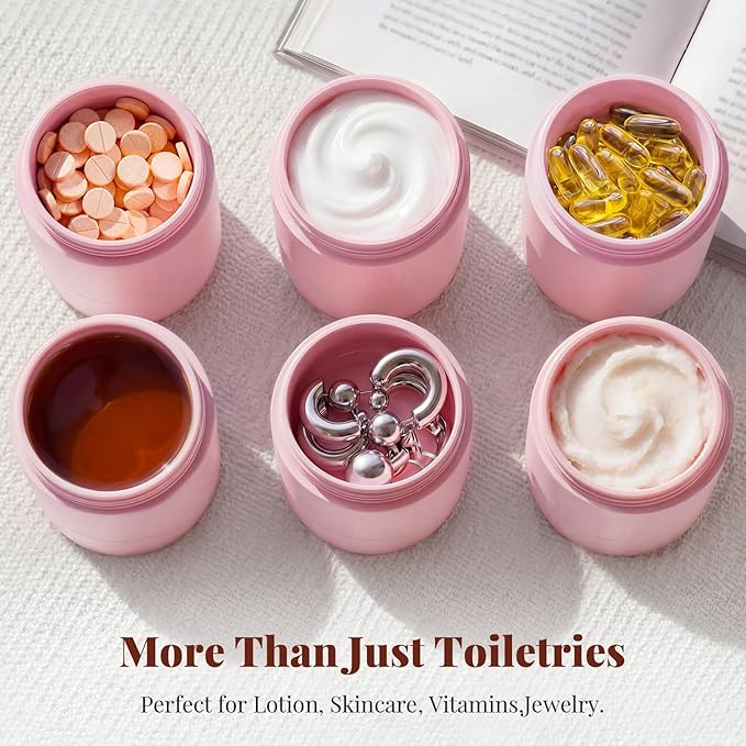 New Travel Toiletry Containers [Ultra Leakproof] TSA-Approved, PLA Hard Shell Jars with 5 Magnetic Labels, Wide Mouth Bottles for Lotion, Cleanser, Shampoo, Conditioner, Pink, 3 Pack, 2OZ
