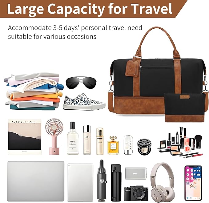 Oeihuivt Weekender Bags for Women - 21 Inch Large Travel Duffel Bag 2-Piece Set with Shoe Compartment, Heavy-Duty Canvas Leather Carry On Overnight Tote
