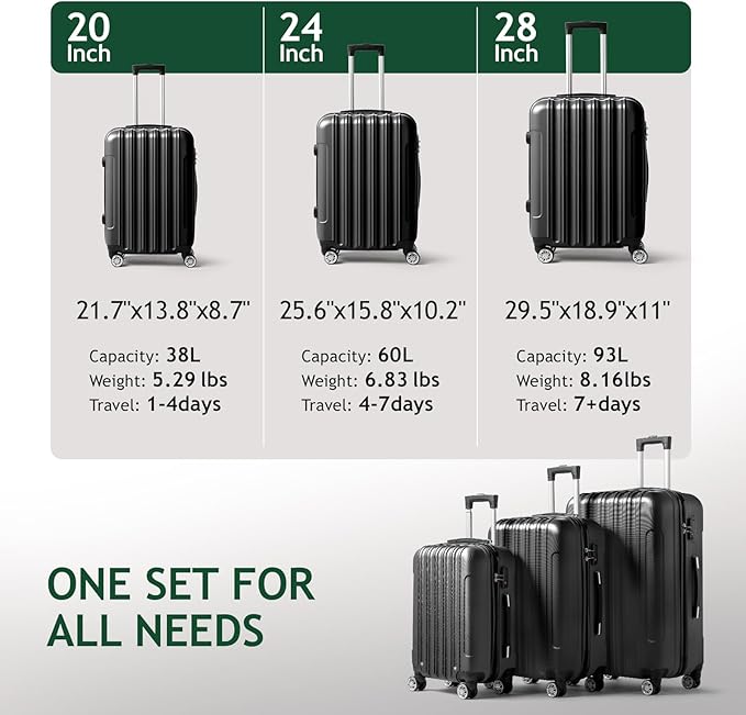 Karl home Luggage Set of 3 Hardside Carry on Suitcase Sets with Spinner Wheels & TSA lock, Portable Lightweight ABS Luggages for Travel, Business - Black(20/24/28)