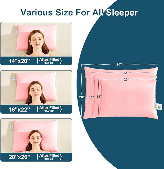 Organic Buckwheat Pillow for Sleeping with Dual-Layer Pillowcase and Extra Tartary Buckwheat Hulls, Adjust Height and Firmness, Neck Support Pillow for Back and Side Sleepers 14"x20", Pink