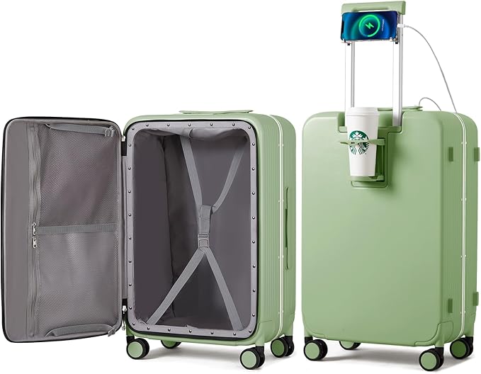 mixi Large Checked Luggage with Cup Phone Holder and Charger Hard Shell Suitcases with Spinner Wheels, 26 Inch Avocado Green